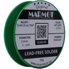 Bezolovnatá pájka Marmot Sn99,3Cu0,7NiP Ø 2,0 mm s tavidlem MTL568 na 50g špulce Bezolovnatá pájka Marmot Sn99,3Cu0,7NiP Ø 2,0 mm s tavidlem MTL568 na 50g špulce