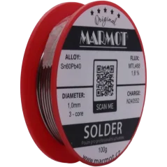 Marmot® Sn60Pb40 – olovnatá pájka Ø 1,0 mm, detail průměru drátu