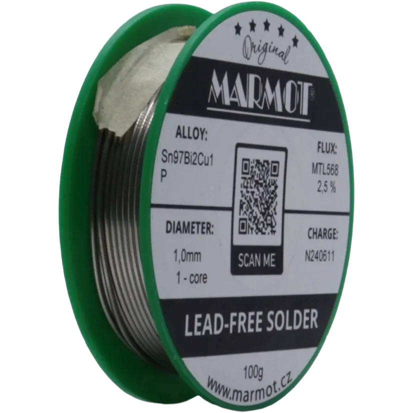 Detail cívky pájecího drátu Marmot Sn97Bi2Cu1P Ø 1,0 mm s tavidlem MTL568, 100g balení
