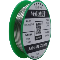 Detail cívky pájecího drátu Marmot Sn99,3Cu0,7NiP Ø 1,5 mm s tavidlem MTL568, 100g balení