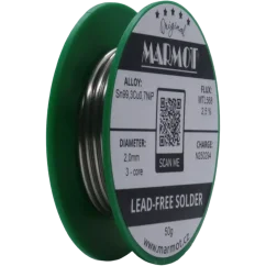 Detail cívky pájecího drátu Marmot Sn99,3Cu0,7NiP Ø 2,0 mm s tavidlem MTL568, 50g balení Detail cívky pájecího drátu Marmot Sn99,3Cu0,7NiP Ø 2,0 mm s tavidlem MTL568, 50g balení