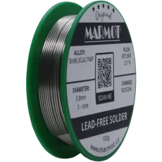 Detail cívky pájecího drátu Marmot Sn99,3Cu0,7NiP Ø 0,8 mm s tavidlem MTL568, 100g balení Detail cívky pájecího drátu Marmot Sn99,3Cu0,7NiP Ø 0,8 mm s tavidlem MTL568, 100g balení