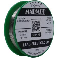 Bezolovnatá pájka Marmot Sn99,3Cu0,7NiP Ø 0,8 mm s tavidlem MTL568 na 100g špulce Bezolovnatá pájka Marmot Sn99,3Cu0,7NiP Ø 0,8 mm s tavidlem MTL568 na 100g špulce