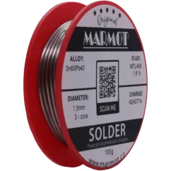 Marmot® Sn60Pb40 – olovnatá pájka Ø 1,5 mm, detail průměru drátu