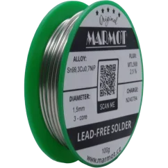 Detail cívky pájecího drátu Marmot Sn99,3Cu0,7NiP Ø 1,5 mm s tavidlem MTL568, 100g balení