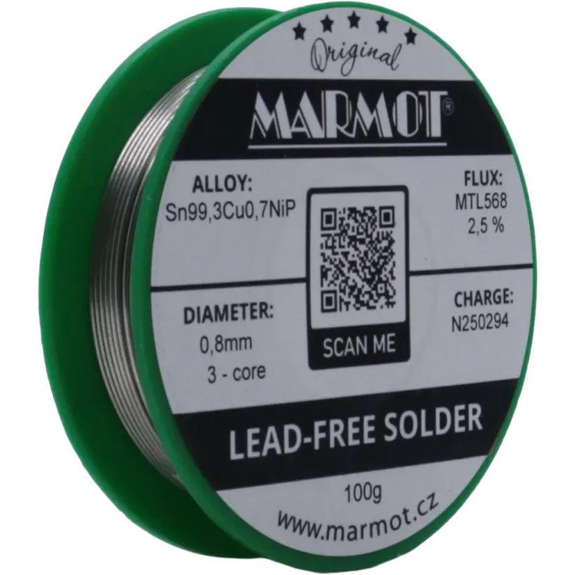 Bezolovnatá pájka Marmot Sn99,3Cu0,7NiP Ø 0,8 mm s tavidlem MTL568 na 100g špulce