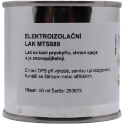 MTS 889 pájitelný ochranný lak — detail etikety s UV kontrolou pro DPS
