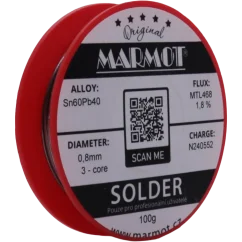 Marmot® Sn60Pb40 – olovnatá pájka Ø 0,8 mm, detail etikety na cívce