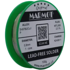 Bezolovnatá pájka s bismutem Marmot Sn97Bi2Cu1P Ø 0,8 mm s tavidlem MTL568 na 100g špulce Bezolovnatá pájka s bismutem Marmot Sn97Bi2Cu1P Ø 0,8 mm s tavidlem MTL568 na 100g špulce