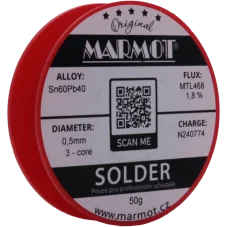 Marmot® Sn60Pb40 – olovnatá pájka Ø 0,5 mm, detail etikety na cívce
