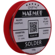 Marmot® Sn60Pb40 – olovnatá pájka Ø 0,8 mm, detail etikety na cívce Marmot® Sn60Pb40 – olovnatá pájka Ø 0,8 mm, detail etikety na cívce