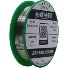 Detail cívky pájecího drátu Marmot Sn99,3Cu0,7NiP Ø 1,0 mm s tavidlem MTL568, 100g balení Detail cívky pájecího drátu Marmot Sn99,3Cu0,7NiP Ø 1,0 mm s tavidlem MTL568, 100g balení
