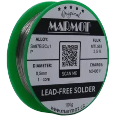 Bezolovnatá pájka s bismutem Marmot Sn97Bi2Cu1P Ø 0,5 mm s tavidlem MTL568 na 100g špulce