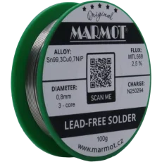 Bezolovnatá pájka Marmot Sn99,3Cu0,7NiP Ø 0,8 mm s tavidlem MTL568 na 100g špulce Bezolovnatá pájka Marmot Sn99,3Cu0,7NiP Ø 0,8 mm s tavidlem MTL568 na 100g špulce