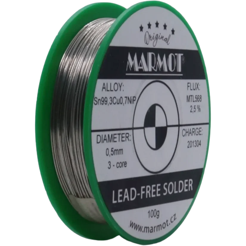 Detail cívky pájecího drátu Marmot Sn99,3Cu0,7NiP Ø 0,5 mm s tavidlem MTL568, 100g balení