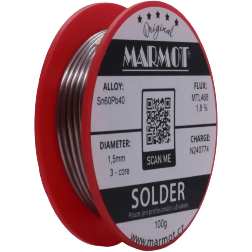 Marmot® Sn60Pb40 – olovnatá pájka Ø 1,5 mm, detail průměru drátu