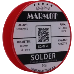 Marmot® Sn60Pb40 – olovnatá pájka Ø 0,5 mm, detail etikety na cívce