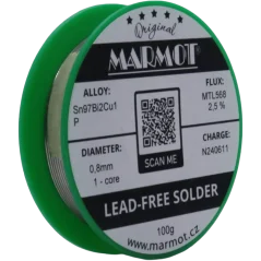 Bezolovnatá pájka s bismutem Marmot Sn97Bi2Cu1P Ø 0,8 mm s tavidlem MTL568 na 100g špulce