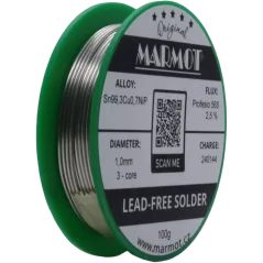 Detail cívky pájecího drátu Marmot Sn99,3Cu0,7NiP Ø 1,0 mm s tavidlem MTL568, 100g balení