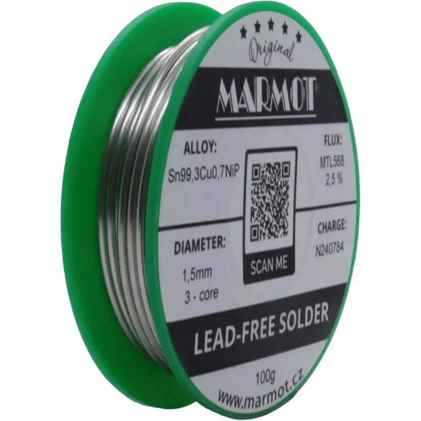 Detail cívky pájecího drátu Marmot Sn99,3Cu0,7NiP Ø 1,5 mm s tavidlem MTL568, 100g balení