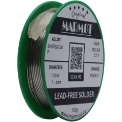 Detail cívky pájecího drátu Marmot Sn97Bi2Cu1P Ø 1,0 mm s tavidlem MTL568, 100g balení