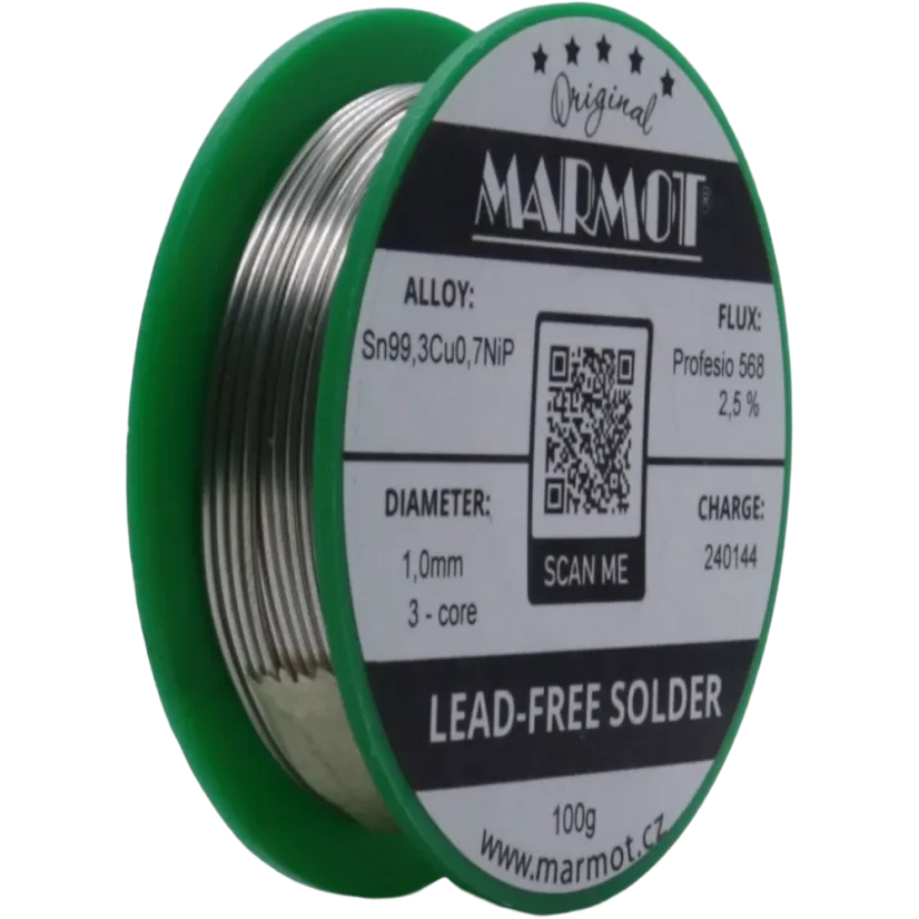 Detail cívky pájecího drátu Marmot Sn99,3Cu0,7NiP Ø 1,0 mm s tavidlem MTL568, 100g balení