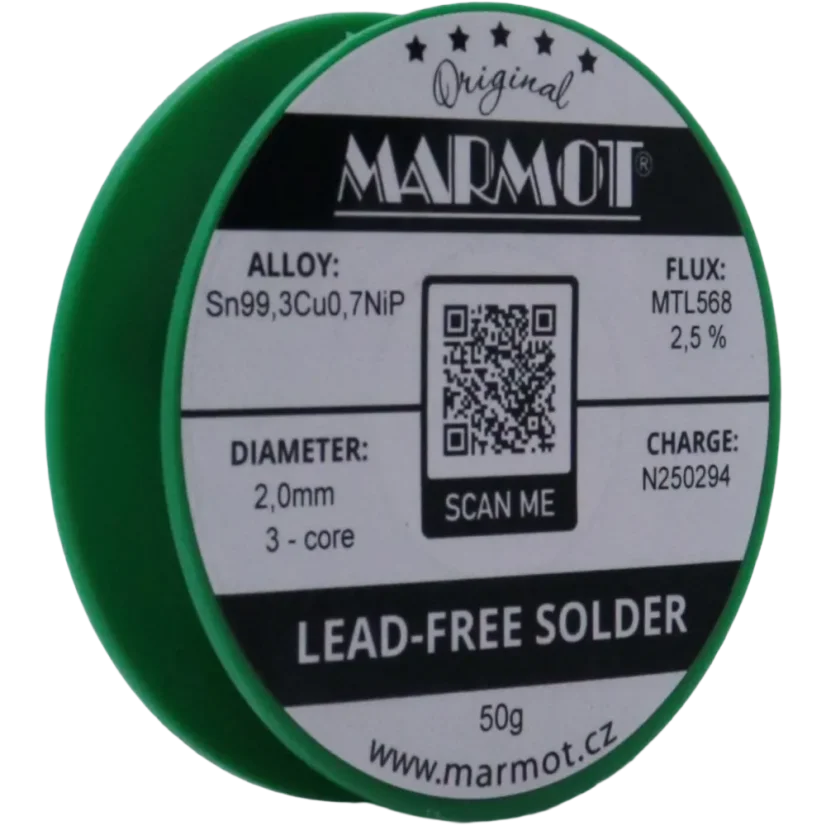 Bezolovnatá pájka Marmot Sn99,3Cu0,7NiP Ø 2,0 mm s tavidlem MTL568 na 50g špulce