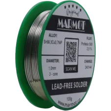 Detail cívky pájecího drátu Marmot Sn99,3Cu0,7NiP Ø 1,0 mm s tavidlem MTL568, 100g balení Detail cívky pájecího drátu Marmot Sn99,3Cu0,7NiP Ø 1,0 mm s tavidlem MTL568, 100g balení