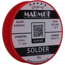 Marmot® Sn60Pb40 – olovnatá pájka Ø 0,5 mm, detail etikety na cívce