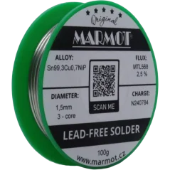 Bezolovnatá pájka Marmot Sn99,3Cu0,7NiP Ø 1,5 mm s tavidlem MTL568 na 100g špulce