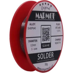 Marmot® Sn60Pb40 – olovnatá pájka Ø 0,5 mm, detail průměru drátu