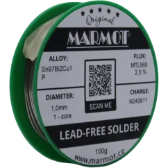 Bezolovnatá pájka s bismutem Marmot Sn97Bi2Cu1P Ø 1,0 mm s tavidlem MTL568 na 100g špulce Bezolovnatá pájka s bismutem Marmot Sn97Bi2Cu1P Ø 1,0 mm s tavidlem MTL568 na 100g špulce