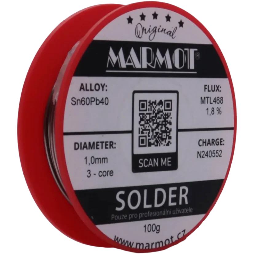 Marmot® Sn60Pb40 – olovnatá pájka Ø 1,0 mm, detail etikety na cívce