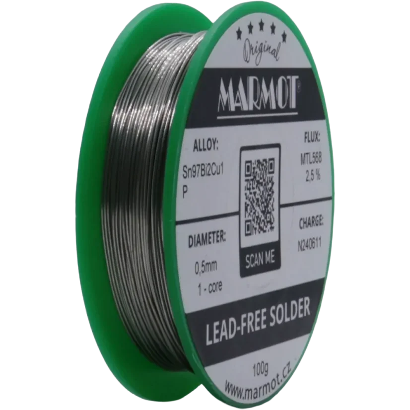 Detail cívky pájecího drátu Marmot Sn97Bi2Cu1P Ø 0,5 mm s tavidlem MTL568, 100g balení