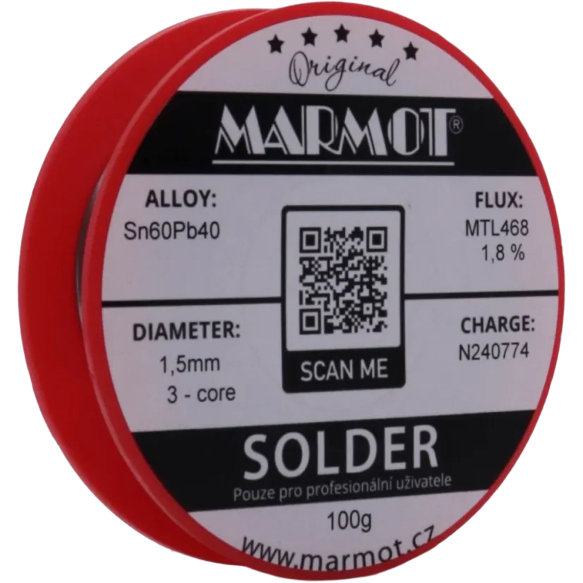 Marmot® Sn60Pb40 – olovnatá pájka Ø 1,5 mm, detail etikety na cívce