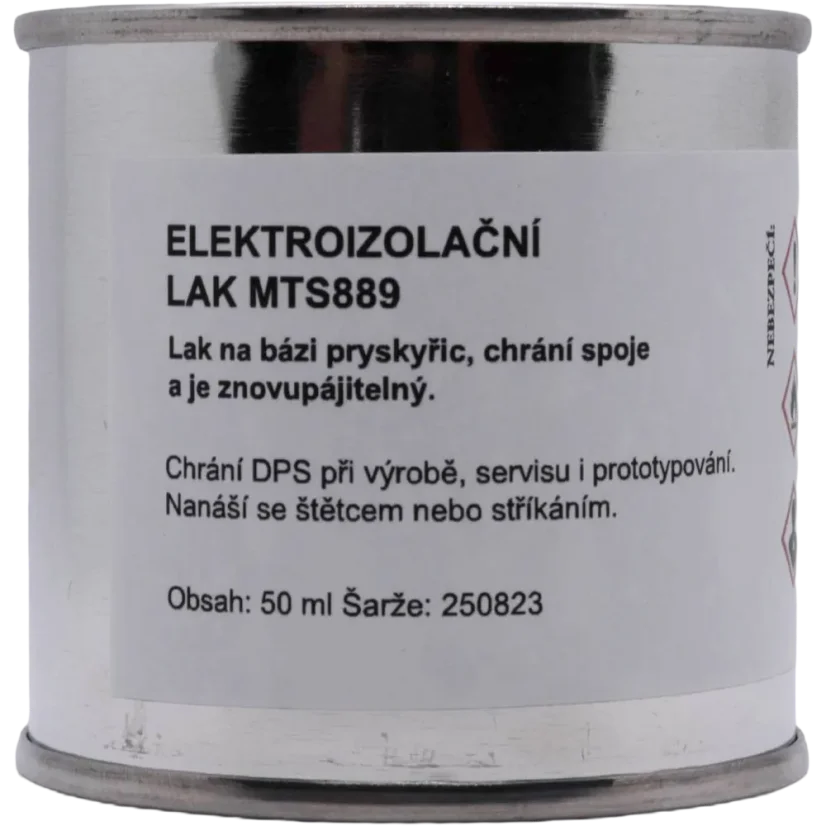 MTS 889 pájitelný ochranný lak — detail etikety s UV kontrolou pro DPS