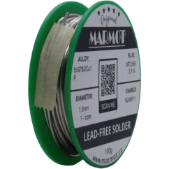 Detail cívky pájecího drátu Marmot Sn97Bi2Cu1P Ø 1,5 mm s tavidlem MTL568, 100g balení Detail cívky pájecího drátu Marmot Sn97Bi2Cu1P Ø 1,5 mm s tavidlem MTL568, 100g balení