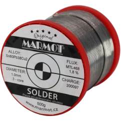 Marmot® Sn60Pb38Cu2 – olovnatá pájka Ø 1,0 mm, detail etikety na cívce Marmot® Sn60Pb38Cu2 – olovnatá pájka Ø 1,0 mm, detail etikety na cívce