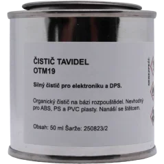 OTM19 čistič tavidla a kalafuny — detail etikety lahvičky pro elektroniku a DPS