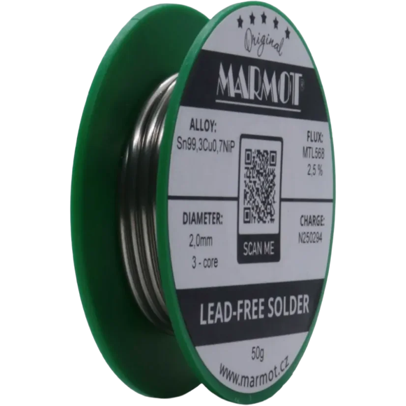 Detail cívky pájecího drátu Marmot Sn99,3Cu0,7NiP Ø 2,0 mm s tavidlem MTL568, 50g balení