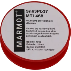 Marmot® Sn63Pb37 – olovnatá pájka Ø 1,0 mm, detail etikety na cívce