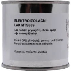 MTS 889 pájitelný ochranný lak — detail etikety s UV kontrolou pro DPS