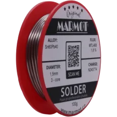 Marmot® Sn60Pb40 – olovnatá pájka Ø 1,5 mm, detail průměru drátu Marmot® Sn60Pb40 – olovnatá pájka Ø 1,5 mm, detail průměru drátu