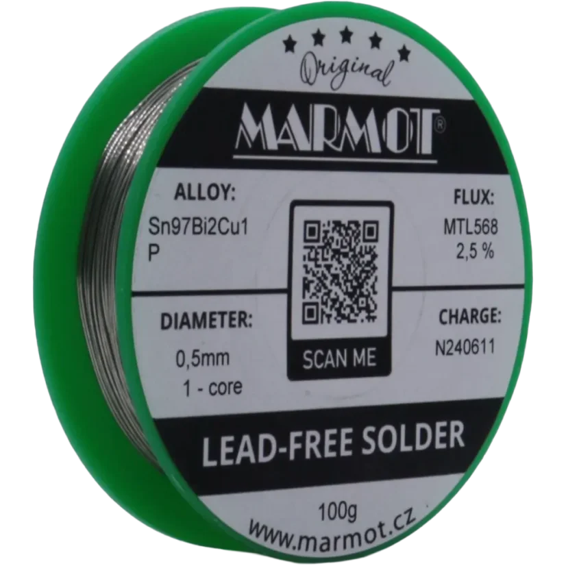 Bezolovnatá pájka s bismutem Marmot Sn97Bi2Cu1P Ø 0,5 mm s tavidlem MTL568 na 100g špulce