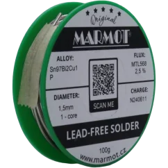 Bezolovnatá pájka s bismutem Marmot Sn97Bi2Cu1P Ø 1,5 mm s tavidlem MTL568 na 100g špulce Bezolovnatá pájka s bismutem Marmot Sn97Bi2Cu1P Ø 1,5 mm s tavidlem MTL568 na 100g špulce