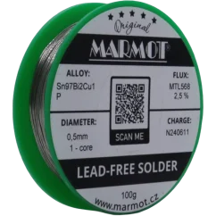 Bezolovnatá pájka s bismutem Marmot Sn97Bi2Cu1P Ø 0,5 mm s tavidlem MTL568 na 100g špulce Bezolovnatá pájka s bismutem Marmot Sn97Bi2Cu1P Ø 0,5 mm s tavidlem MTL568 na 100g špulce