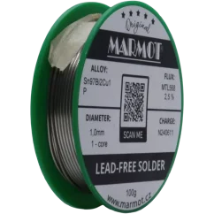 Detail cívky pájecího drátu Marmot Sn97Bi2Cu1P Ø 1,0 mm s tavidlem MTL568, 100g balení Detail cívky pájecího drátu Marmot Sn97Bi2Cu1P Ø 1,0 mm s tavidlem MTL568, 100g balení