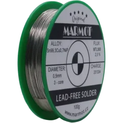 Detail cívky pájecího drátu Marmot Sn99,3Cu0,7NiP Ø 0,5 mm s tavidlem MTL568, 100g balení Detail cívky pájecího drátu Marmot Sn99,3Cu0,7NiP Ø 0,5 mm s tavidlem MTL568, 100g balení