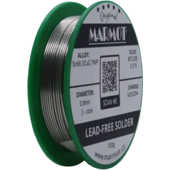 Detail cívky pájecího drátu Marmot Sn99,3Cu0,7NiP Ø 0,8 mm s tavidlem MTL568, 100g balení