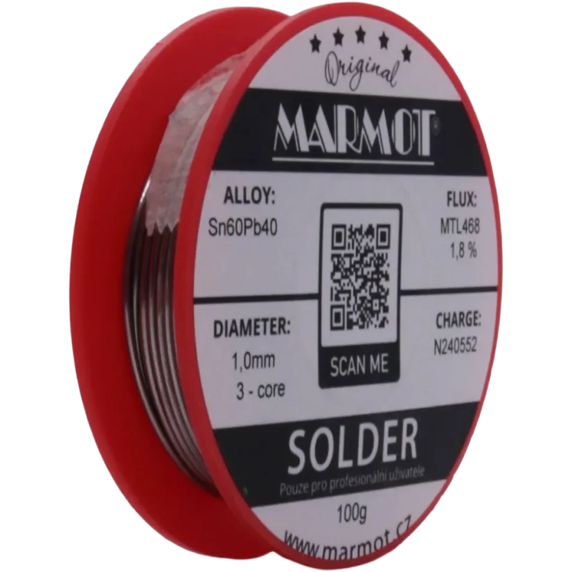 Marmot® Sn60Pb40 – olovnatá pájka Ø 1,0 mm, detail průměru drátu